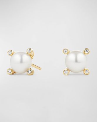 David Yurman Cable Collectibles Stud Earrings with Diamonds and Pearl in 18K Gold, 7mm