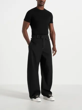 Mani&egrave;re De Voir Marceau Contrast Stitch Barrel Leg Pants in Black at Nordstrom, Size 34