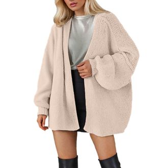 Generic Chunky Cable Knit Cardigans for Women UK Plus Size Balloon Sleeve Sweater Casual Open Front Jumpers Long Sleeve Oversize Cardigan Sweater S-5XL (Beige