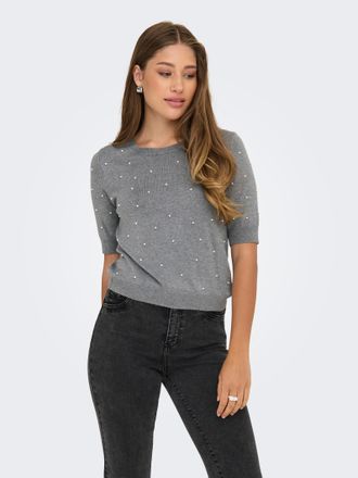 Only Kurzarmpullover ONLY ONLVENICE LIFE SS PEARL O-NECK KNT, Damen, Gr. XS, weiss (light grau melange detail:wei&szlig; pearls), Strick, Obermaterial: 82% Visko