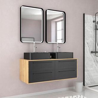 Aurlane Paquete De Ba&ntilde;o Caja De Ba&ntilde;o Acabado De Roble Natural + 2 Cuencas Negras Mate + 2 Espejos Led - Uby 120cm