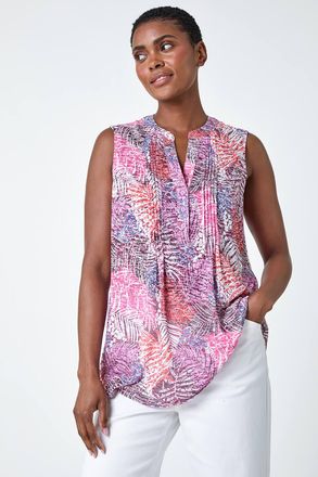Roman Tropical Print V-Neck Pintuck Top