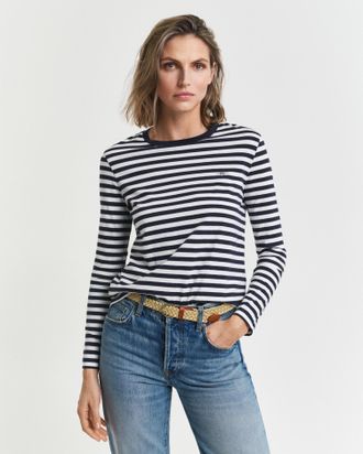 GANT Langarmshirt GANT REGULAR STRIPED SHIELD, Damen, Gr. XXL, evening blau, Single Jersey, Obermaterial: 100% Baumwolle, gestreift, regular fit normal, Ru