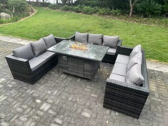 Fimous 9 Seater U Shape Outdoor Lounge Rattan Sofa Set Garden Furniture Gas Firepit Set Dining Table Dark Grey