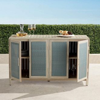 Frontgate Isola Cabinet with Four Doors in Weathered Teak & Harbor Blue Wicker - Frontgate
