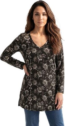 Roaman's Plus Size Cotton Ultimate Long Sleeve V Neck Tunic in Black Porcelain Floral at Nordstrom, Size Medium