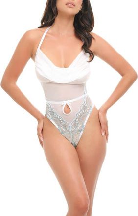 Oh l&agrave; l&agrave; Ch&eacute;ri Victoria Drape Neck Teddy in Bright White/Milky Blue at Nordstrom, Size Large