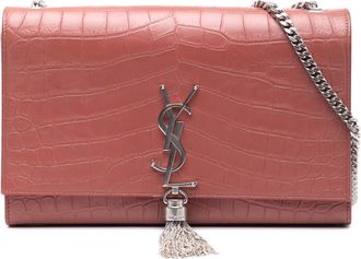 Saint Laurent Pre-owned Womens Medium Croc Embossed Leather Kate Tassel Crossbody - Brown - One Size