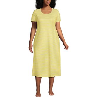 Lands End Cotton Short Sleeve Midcalf Nightgown in Yellow Bliss Simple Stripe at Nordstrom, Size 2X