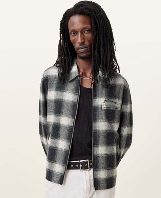 AllSaints Mens Cotton Ellis Checked Embroidered Zip Up Jacket, Size: XXL