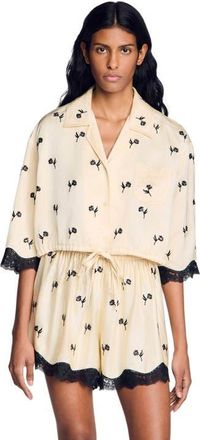 Sandro Cropped floral embroidered shirt in Vanilla at Nordstrom, Size X-Large