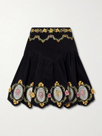 Agua Bendita Minigonna In Velluto Di Misto Cotone Smerlato Con Ricami Asai Cordillera - Verde