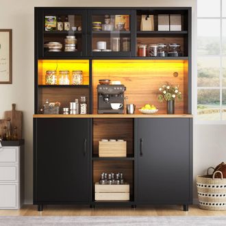 Merax Freestanding Wood Effect Tall Kitchen Pantry Cabinet with LED Light in Black