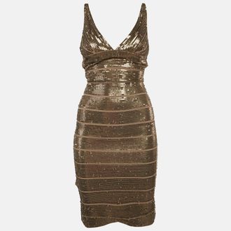 H&eacute;rve L&eacute;ger Tan Sequins Bandage Dress