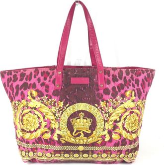 Versace Pink Yellow Leather Canvas Shoulder Bag Tote Bag (Pre-Owned)