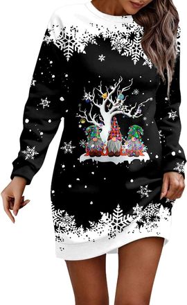 Generic Christmas Dresses for Women Oversized Christmas Dress Long Sleeve Jumper Crew Neck Xmas Graphic Print Sweatshirt Winter Casual Midi Dress Party Costum