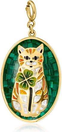 Ross-Simons Mother-Of-Pearl, Malachite and Multicolored Enamel Cat With Clover Mosaic Charm in 18kt Gold Over Sterling