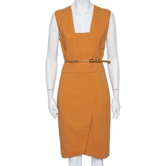 Elie Saab Camel Brown Crepe Pleated Detail Belted Sleeveless Dress