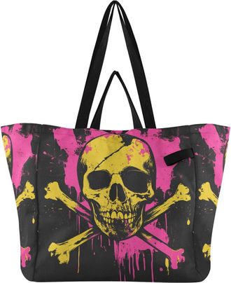 Generic Skull Bone Black pattern Reusable Canvas Tote Bag, Heavy Duty Grocery Shopping Bag with Double Handles Large Capacity Hard Bottom Work Groceries Trave