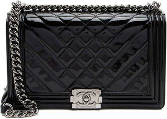 Chanel Black Chevron Patent Leather New Medium Boy Bag (Authentic Pre-Loved)