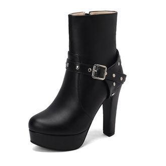 Generic Womens Studded Buckle Ankle Boots PU Leather Round Toe High Block Heels Platform Zip Closure Stylish Durable Comfortable Design,Black,4.5 UK