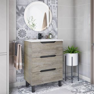 Dmora Mueble Bajo Lavabo Sozop, 3 Cajones, Cierre Suave, Apertura Deslizante, 60x45x86h Cm Roble Gris Marr&oacute;n