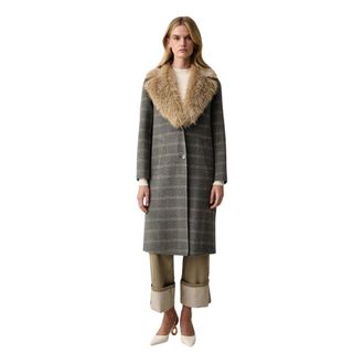 Twinset Cappotto in lana a quadri con collo in ecopelliccia rimovibile - - Coats - Donna - Grigio - M