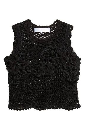 Comme Des Gar&ccedil;ons Crop Crochet Flower Mesh Tank in Black at Nordstrom, Size Medium