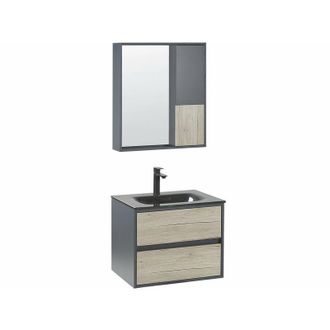 Beliani Mobile da bagno con specchio grigio mdf legno chiaro 60 cm lavabo in ceramica armadio a muro Teruel