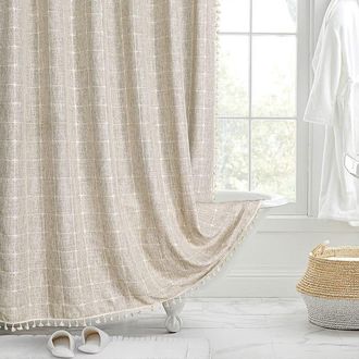 OEM Cortina De Ducha Estilo Bohemio Con Detalle De Borlas, Resistente, De Tela R&uacute;stica A Rayas (beige) 180x180cm