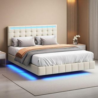 OEM Cama Flotante Led 140x200 - Lino Natural - Rgb 16 Colores - Cabecera Ajustable - Carga 250kg