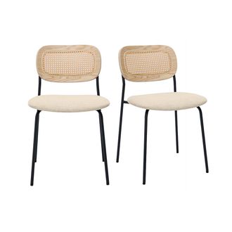 Miliboo Sillas De Dise&ntilde;o En Tela Con Efecto Terciopelo Texturizado Beige, Metal Negro Y Mimbre (juego De 2) Miranda