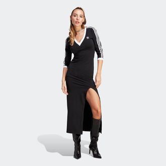 adidas Maxikleid ADIDAS ORIGINALS MAXI DRESS V, Damen, Gr. XS, N-Gr, schwarz, Obermaterial: 93% Baumwolle, 7% Elasthan, gestreift, Kleider Maxikleid