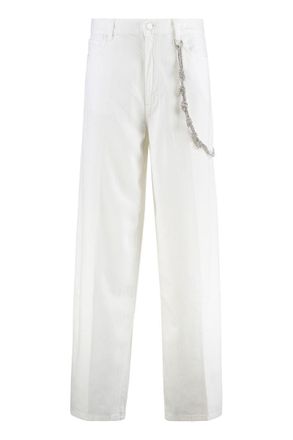 Pinko White Pants With Logo Patch On The Back And Chain Detail With Rhinestones In Cotton Blend Woman