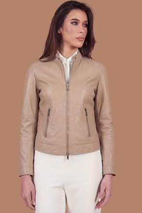 D'Arienzo Giacca biker in pelle color sabbia effetto liscio due tasche DArienzo, Seleziona Taglia XXL, Colore Beige