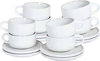 Beliani Beliani - Conjunto De 8 Tazas Con Platillos Para T&eacute; Caf&eacute; De Gres Caol&iacute;n Artesanal Acabado Esmalte Reactivo Blanco Crema Sesame