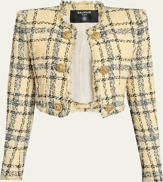 Balmain Paillette Check Eyelash Tweed Crop Jacket