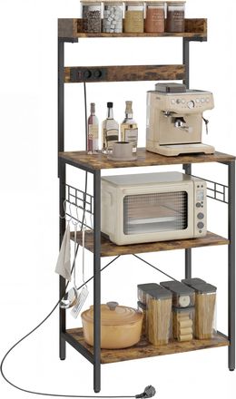 HOMCOM Homcom Estanter&iacute;a De Cocina Con 2 Tomacorrientes, Estaci&oacute;n De Caf&eacute;, Estante Para Microondas, Estante Ajustable, Ganchos, 60x42x137 Cm Marr&oacute;n R&uacute;stico