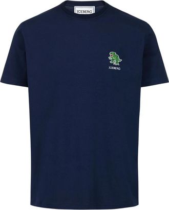 Iceberg Slim Stretch Katoenen Jersey T-Shirt met Dinosaurussen Patch - Heren - T-shirts - Blauw - 2XL - Katoen - Tops