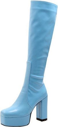 Generic Womens Square Toe Long Boots with Side Zipper Patent Leather Knee High Boots Chunky High Heel Platform Boot,Blue,6.5 UK