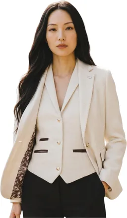 TruClothing Womens Cream Herringbone Wool Tweed Blazer Waistcoat 2 Piece Set - WS-1