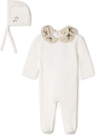Lola Velour Crochet Collar Snap Back Romper and Bonnet Set in Off White at Nordstrom, Size 1M
