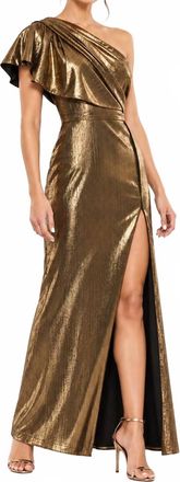 Mac Duggal One Shoulder Shimmer Slit Gown In Copper