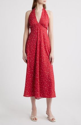 Faithfull The Brand Jennah Dot Print Halter Neck Midi Dress in Linnea Dot Rosso at Nordstrom, Size Xx-Large