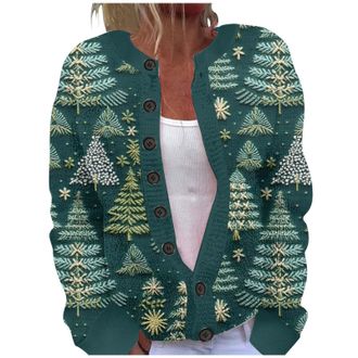 Generic DGHM Womens Christmas Cardigan Lightweight Long Sleeve Button Tops Ladies Chunky Cable Knit Reindeer Printed Cardigans Loose Funny Xmas Snowman Tree G