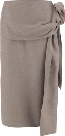 Carven Midi Skirts, female, Brown, XS, Crossover Wool Skirt With Knot