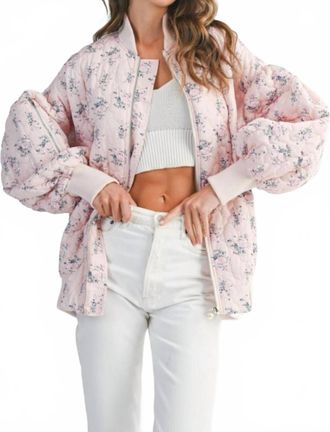 Mabel the Belt Floral Print Quilted Oversized Bomber Jacket In Pink