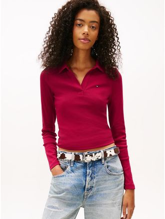 Tommy Hilfiger Womens Tommy Jeans Long-Sleeve Rib-Knit Polo - Red - S