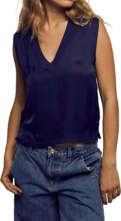 perfectwhitetee Celina Satin V Neck Tank In Navy