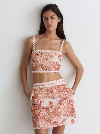 Reiss Pale Pink Linen Leaf-print Wave-trim Mini Skirt, 14